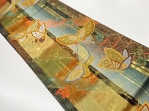 縞に蝶・梅模様織出し袋帯